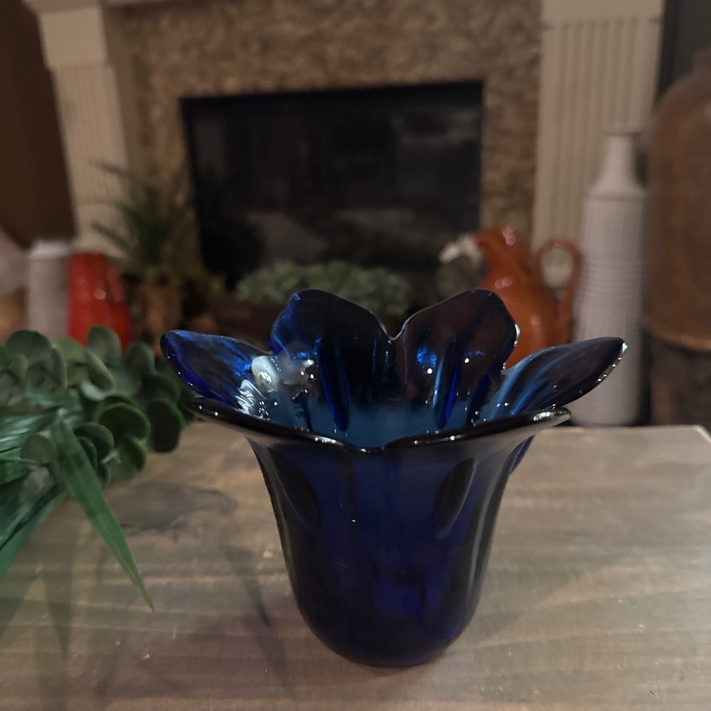 Vintage Cobalt Blue Recycled Glass Bowl Flower Vase